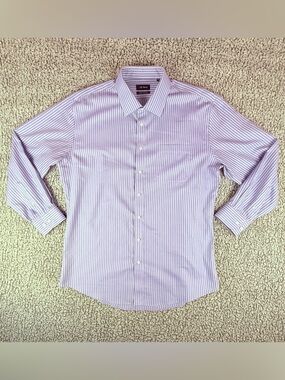 E.B. Wood Purple Stripe Dress Shirt 17.5 34/35 Non Iron Tailored Cotton